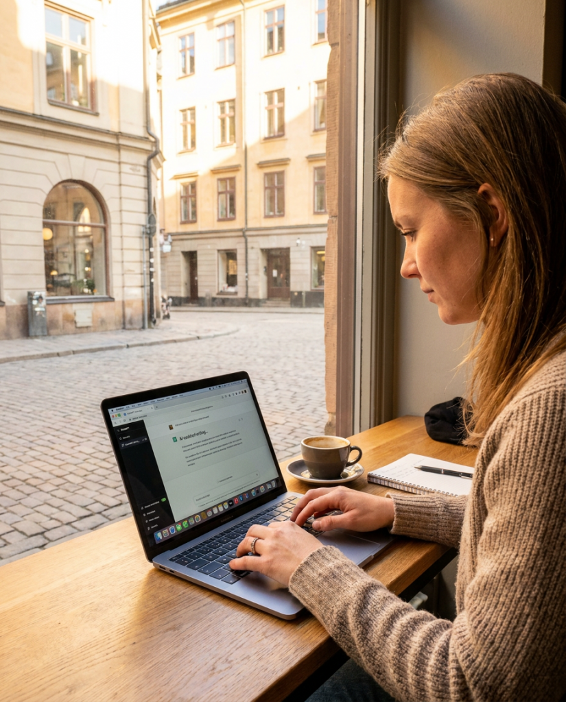 Konsult som arbetar fokuserat på ett kafé